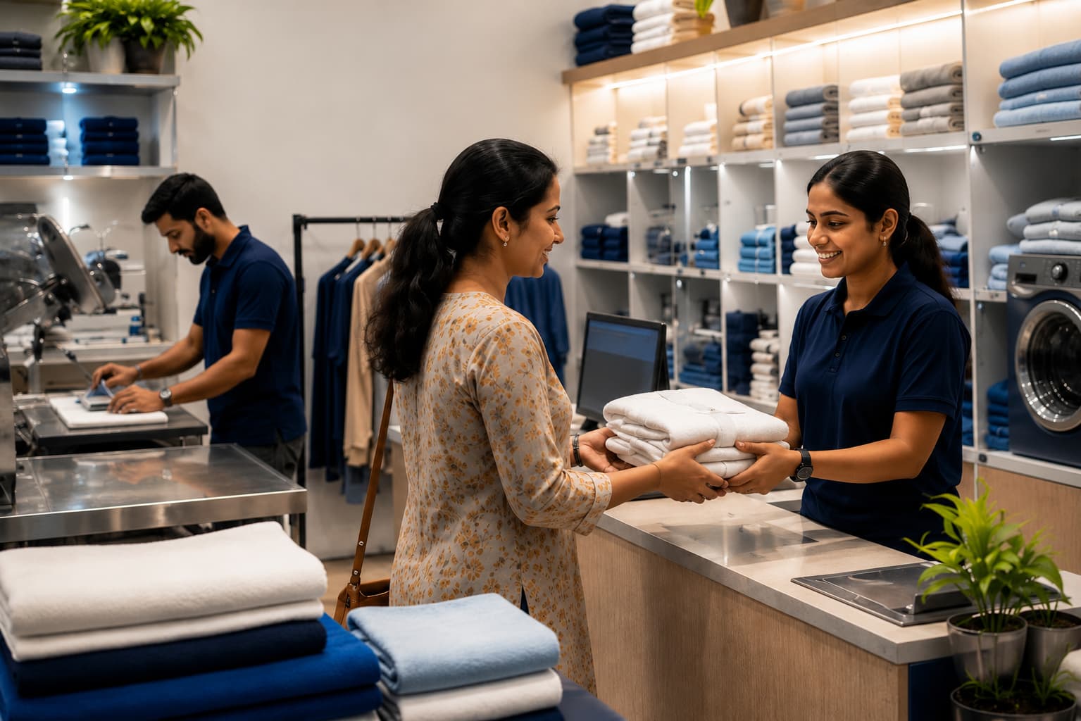 Staff at a modern laundry and garment-care counter serving a customer